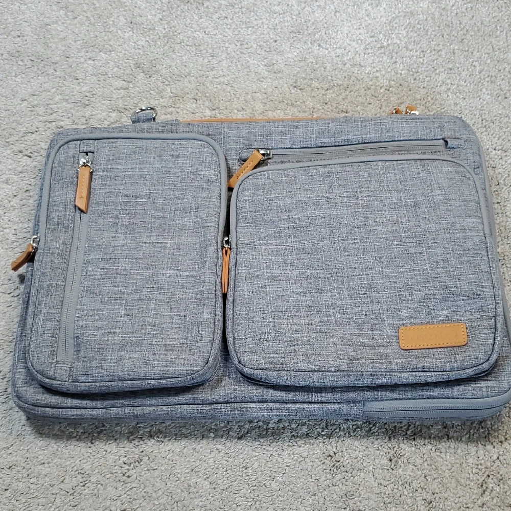 Gray Mosiso Laptop Bag with Tan Accents. Multiple Pockets And Carry Strap. EUC